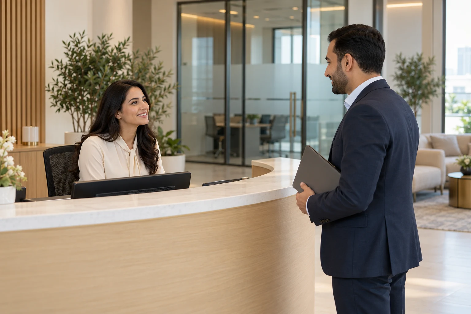 Illustrative recruitment receptionist welcoming a visitor
